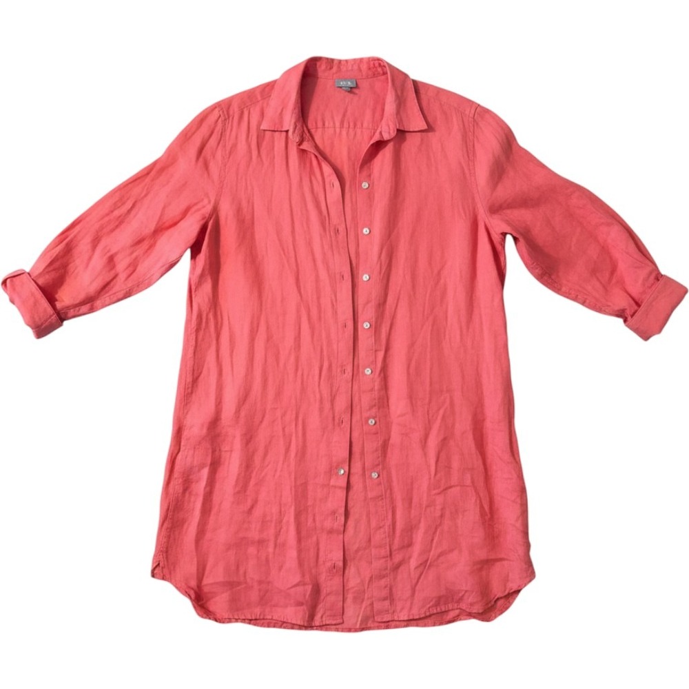 J. Jill Linen Button Down Tunic XL Coral Pink Long Sleeve Shirt Coastal Boho